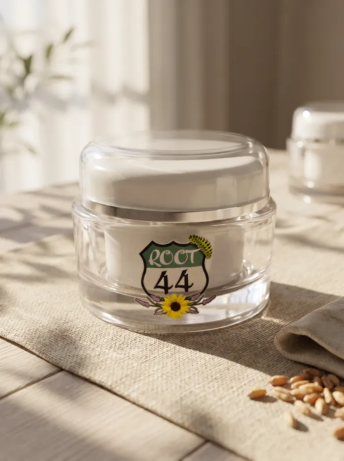 Root 44 Tallow Face Cream jar on a linen runner in warm window light